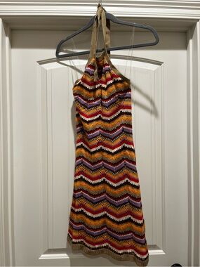 SO Multicolor Chevron Knit Halter Dress with Brown Trim